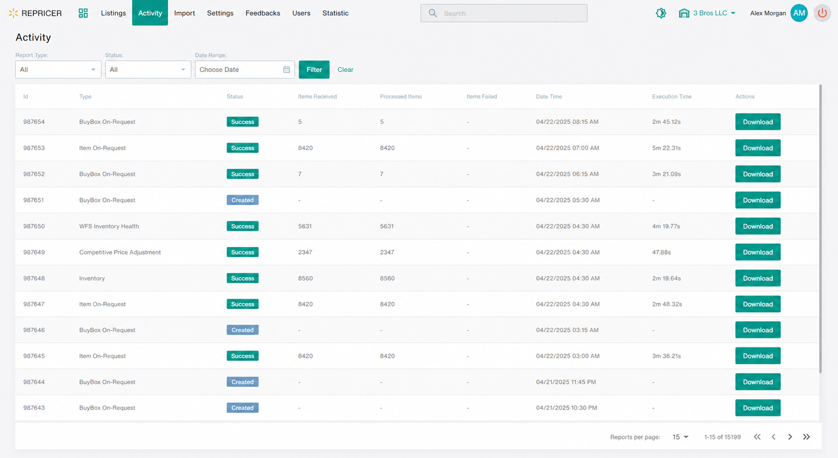 System Activity Log & Async Repricing Execution Records